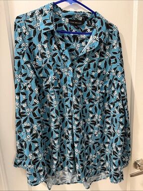 Lane Bryant Teal Floral Button-Up Blouse with Black and White Accents